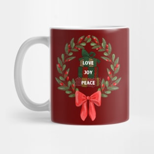 Holiday Christmas wreath with gifts of Love Joy and Peace Mug